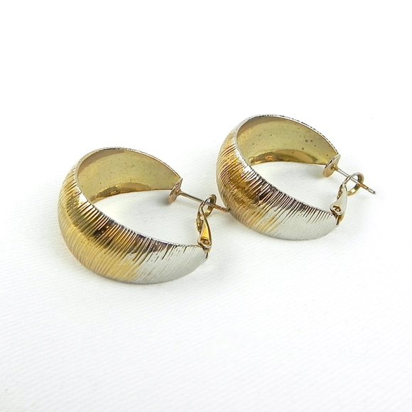 80s Golden Earrings | Gold Tone & Silver Metal Wide Hoop Earrings - Picture 4 of 7